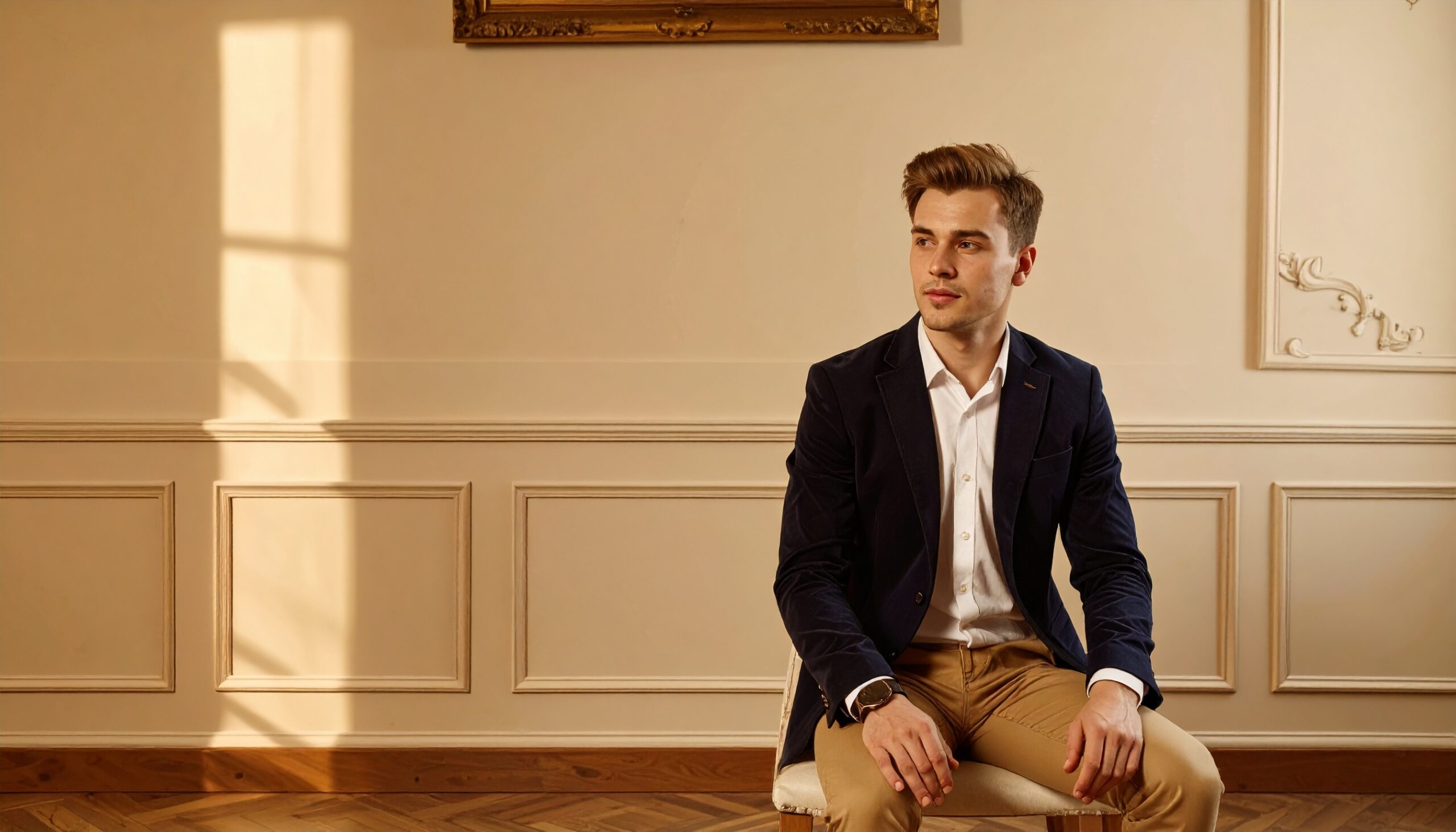 Home 4 Firefly A very realistic and elegant young man in classic old money fashion sitting indoor 929640 scaled